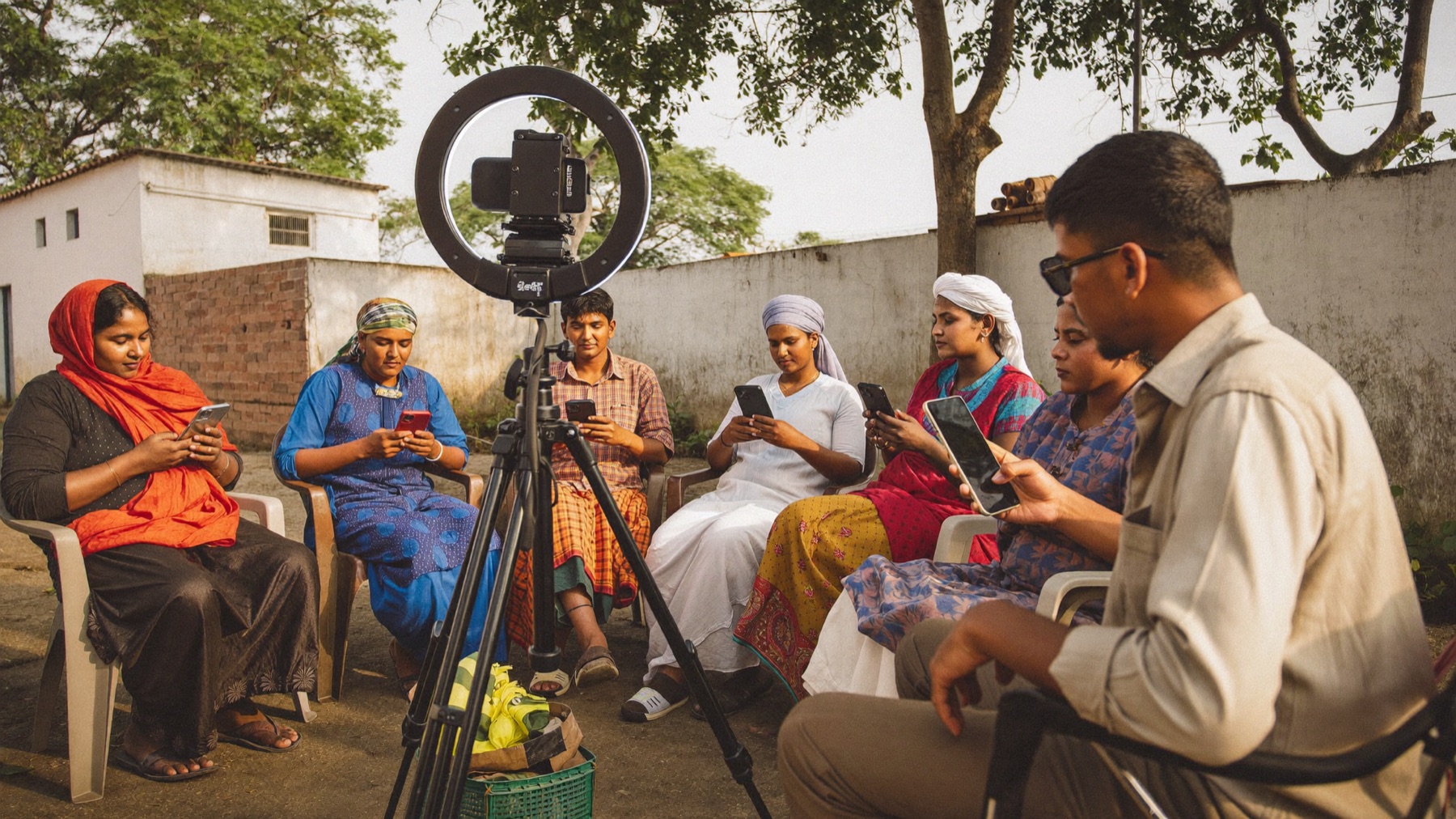 Farmers learning mobile storytelling at a village training session (concept visual)
