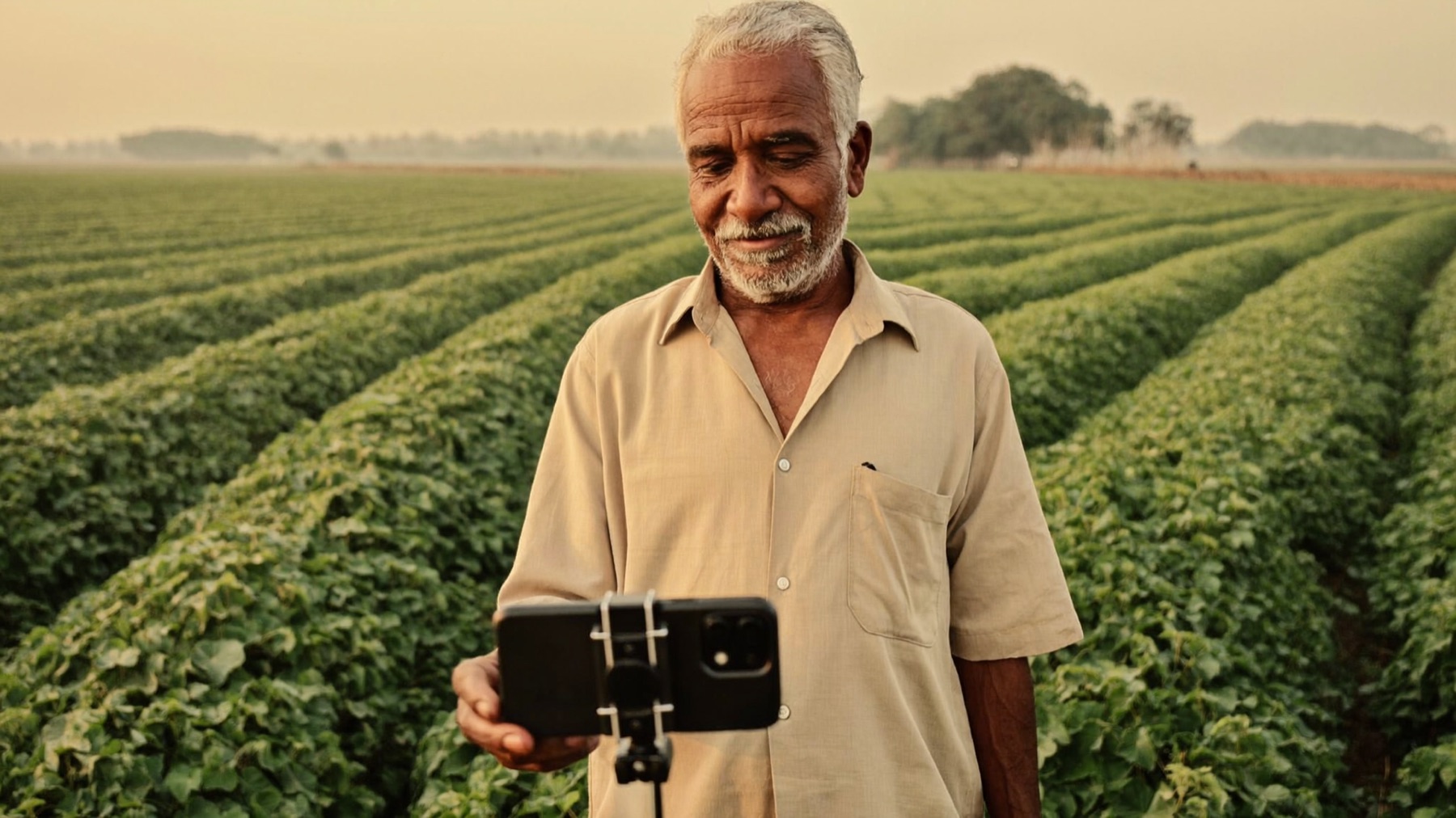 A farmer filming his field at golden hour