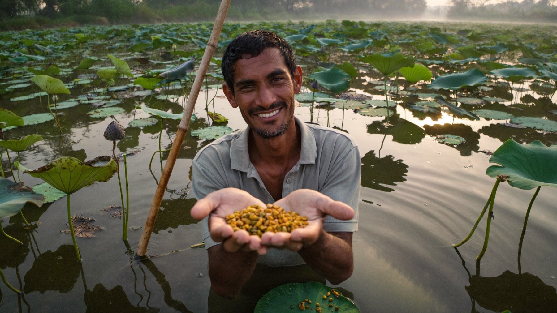A makhana farmer in a lotus pond in Mithila, Bihar (concept visual)