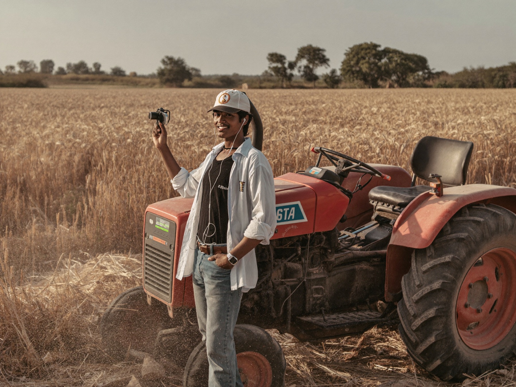 A young farmer filming his harvest with a phone gimbal (concept visual)